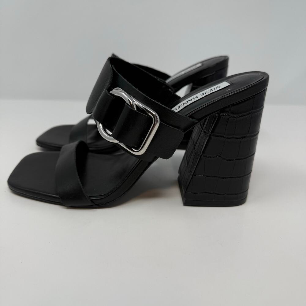 Steve Madden Sandals Women's 8.5 Leda Black Croc Embossed Leather Block Heel - Picture 3 of 15